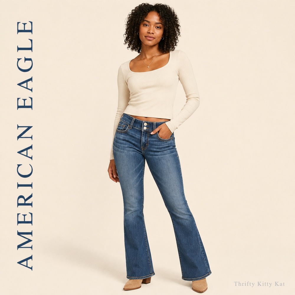 American Eagle Artist Flare Jeans Low Rise Stretch Dark Wash Petite Y2K 4 Short